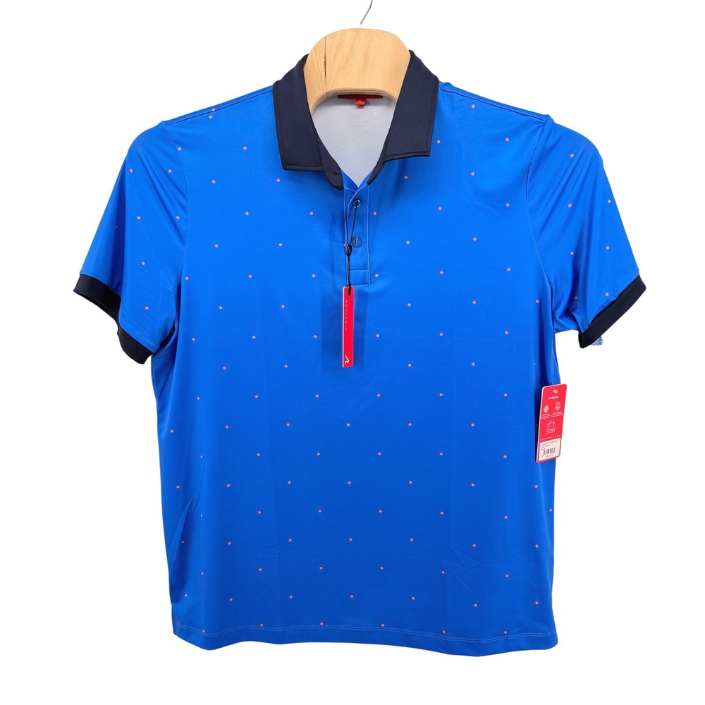 NEW REDVANLY Ramey Polo Shirt Mens XL Marine Blue Polka Dots Stretch Performance